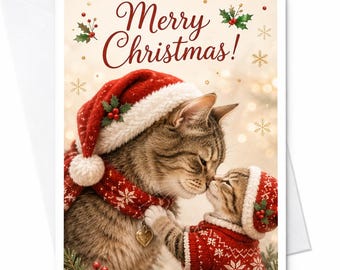 Vrolijk Kerstmis! Leuke kerstkaart met katten, feestelijke kerstgroet voor kattenliefhebbers. Schattige katten met kerstmutsen C6619