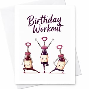 Tarjeta de cumpleaños divertida con temática de ejercicio, personajes de botellas de vino, juego de palabras sobre fitness para amantes del gimnasio, hombres y mujeres, linda ilustración C3410
