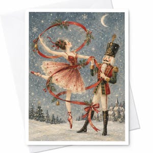 Peut inclure: Une carte de vœux présentant une illustration peinte d'une ballerine en robe rouge dansant avec un soldat casse-noisette. Ils sont entourés d'un ruban rouge tourbillonnant, de houx et de petites clochettes dorées sur un ciel nocturne enneigé.