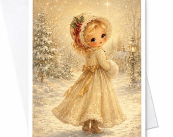 Vintage kerstkaart voor een meisje, retro kerstkaart, schattige winterscène voor haar, kerstkaart met besneeuwd landschap, kunst C5248