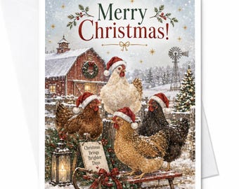 メリークリスマス！クリスマスは明るい日々をもたらします。かわいい農場の動物のクリスマスカード、サンタ帽をかぶったニワトリのホリデーグリーティングカード C8180