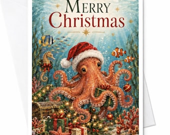 Vrolijke kerstkaart met octopusmotief, schattige onderwater kerstkaart met kerstmuts en cadeautjes voor oceaanliefhebbers C8445