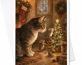 猫とネズミのクリスマスカード かわいいホリデーグリーティングカード お祝いの動物シーン 猫好きの家族や友人への季節のカード C5331