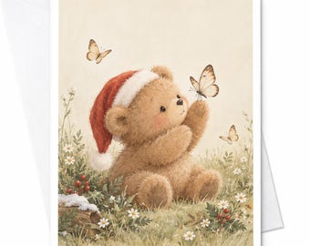 Kerstkaart met teddybeer, schattige kerstkaart met kerstmuts en vlinders voor kinderen en dierenliefhebbers C7927