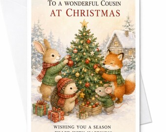 クリスマスに素敵な従兄弟へ贈るかわいい森の動物たちのクリスマスカード、お祝いムード満点のホリデーグリーティングカード、冬の風景 C4082