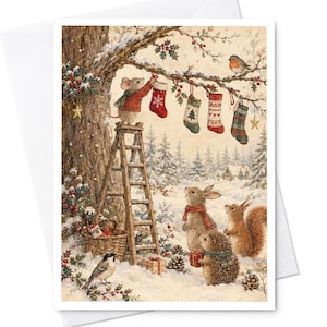 May include: A holiday greeting card illustration featuring a mouse on a wooden ladder hanging stockings on a snowy tree branch. A rabbit, a squirrel, and a hedgehog stand below in the snow, with a small bird perched nearby and a basket of gifts.