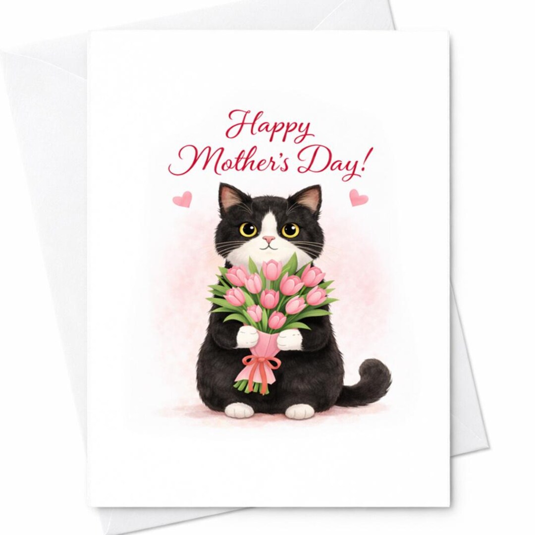 Happy Mothers Day Cat Card Cute Cat With Flowers Mothers Day Card Cat ...