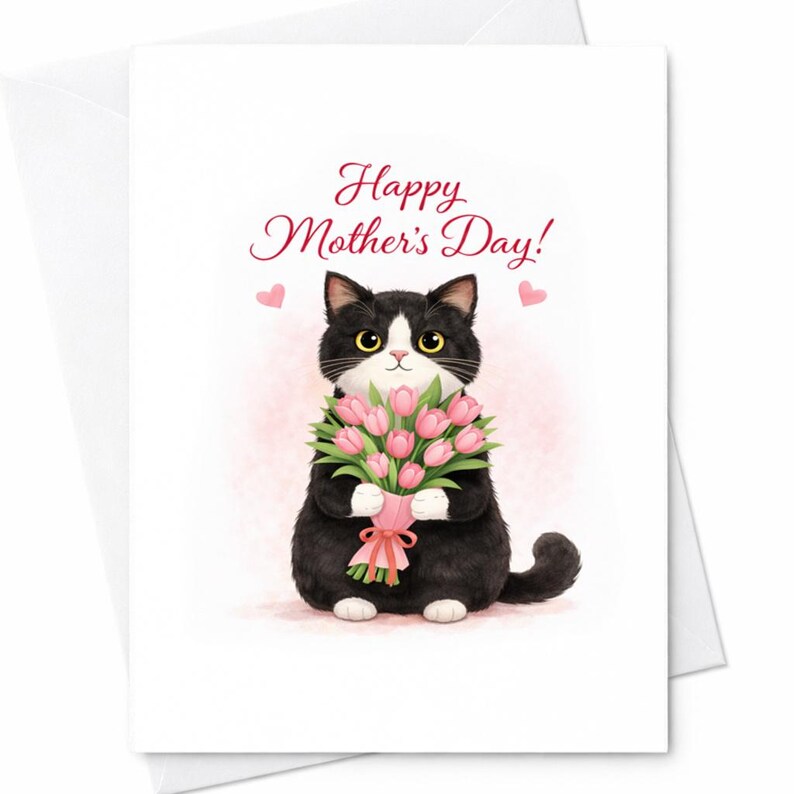 Happy Mothers Day Cat Card Cute Cat With Flowers Mothers Day Card Cat ...