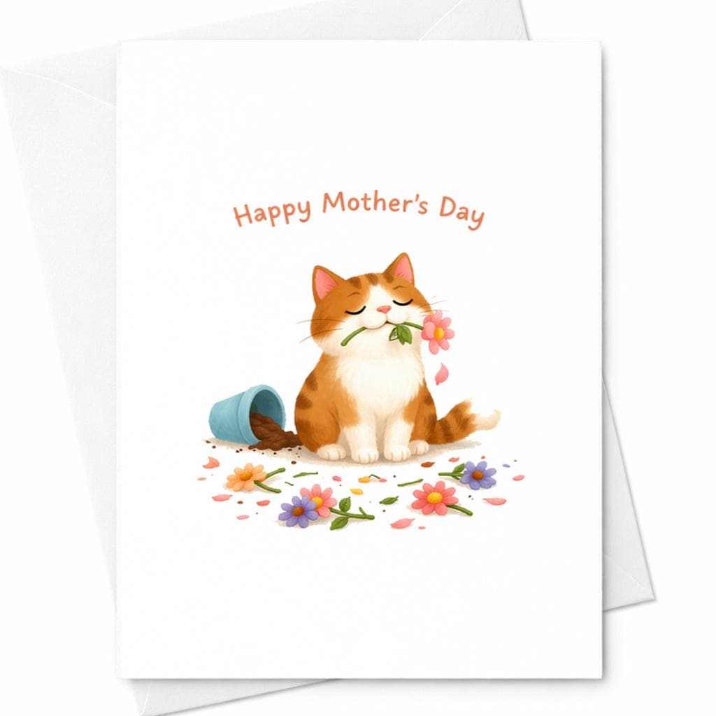 Cute Cat Mothers Day Card Orange Cat With Flower Messy Garden Funny ...