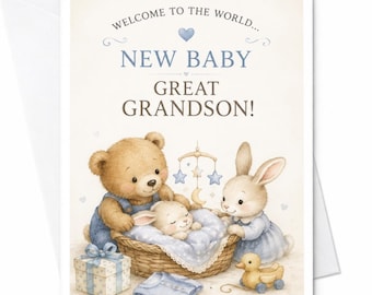 Welkom in de wereld... Nieuwe baby, achterkleinzoon! Leuke geboortekaart voor achterkleinzoon, aankondiging van de geboorte, babyshower, wenskaart C3964