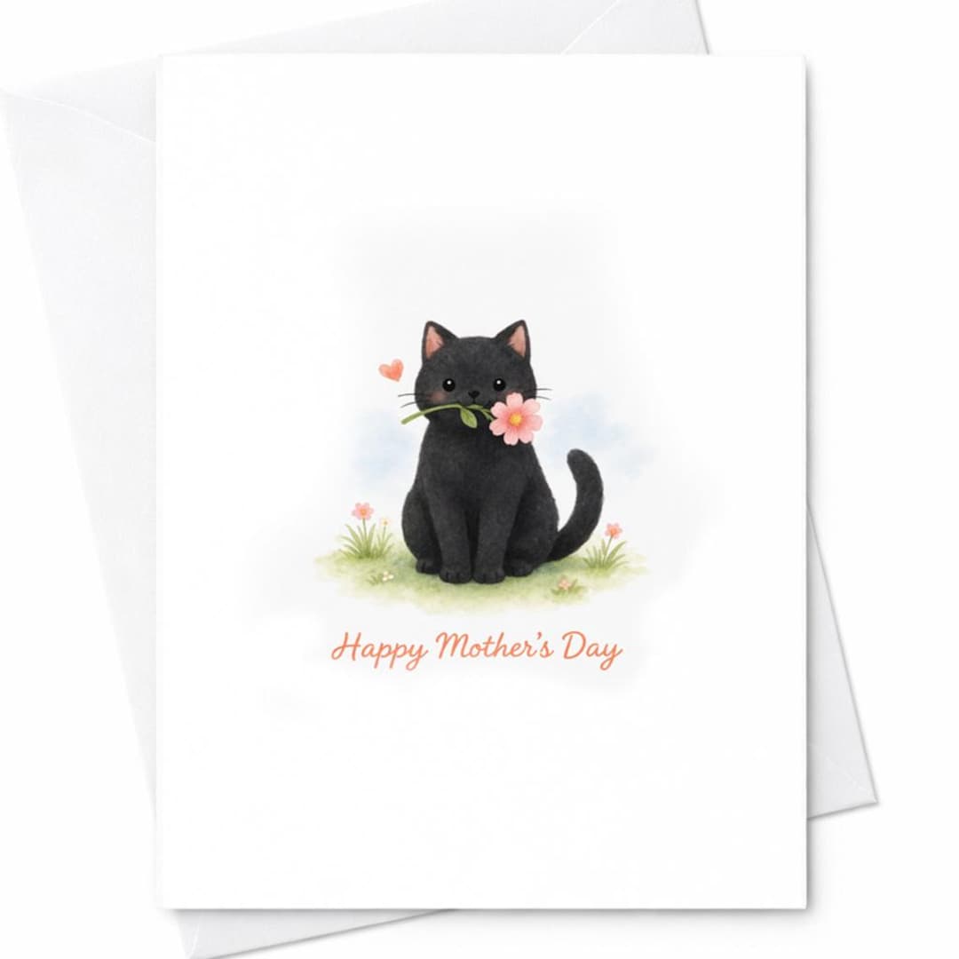 Cute Cat Mothers Day Card Black Cat With Flower Happy Mothers Day Card ...