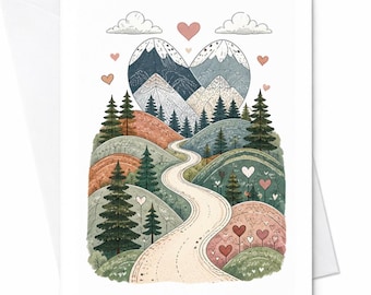 Hartvormige trouwkaart met berglandschap, romantische natuurscène voor een stel, liefdeskaart, jubileumkaart, schattige kaart C3257