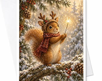 Eekhoorn met gewei kerstkaart, schattige dieren kerstkaart, wintertafereel voor natuurliefhebbers, feestelijke sterretjeskaart C8236