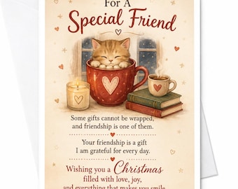 Voor een speciale vriend(in) die je een kerstwens wenst: Leuke kat in een mok, feestelijke wenskaart voor een vriend(in), gezellig wintertafereel C5048