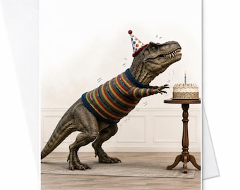 Grappige dinosaurusverjaardagskaart, T-Rex-verjaardagskaart met cake en feestmuts, humoristische verjaardagskaart C2326