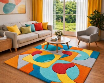 Alfombra geométrica abstracta Bauhaus, colorida, moderna de mediados de siglo, con mechones, estampado de bloques multicolor para una decoración del hogar retro, artística y original.