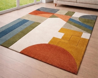 Mid Century Modern Abstract Geometric Area Rug Bauhaus Style Large Floor Carpet Terracotta Mustard Blue Hand Tufted Design Nordic Decor Rug