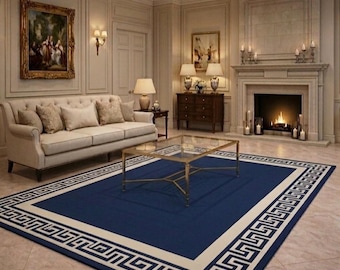 Alfombra azul marino con diseño de greca griega y borde geométrico color crema, elegante alfombra neoclásica para sala de estar, alfombra moderna de gran tamaño para comedor.