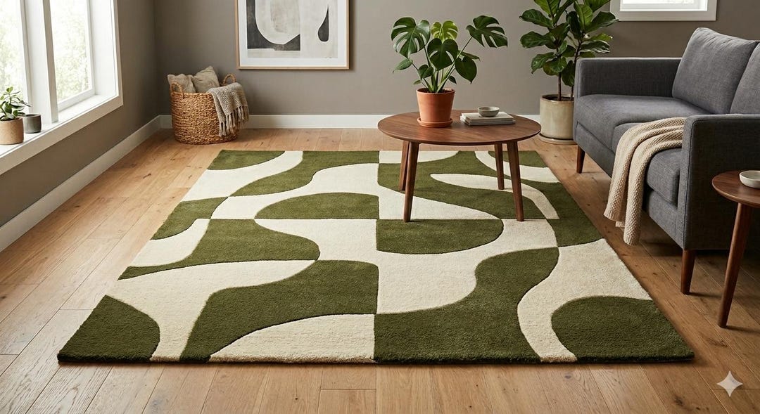 Sage Green Mid Century Modern Area Rug Hand Tufted Wool Rug Living Room ...