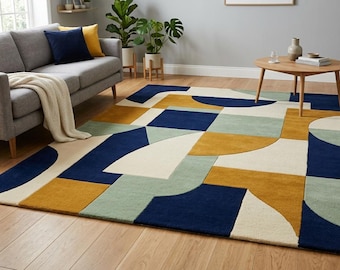 8x10 Handmade Tufted Rug 5x7, Modern Geometric Area Rug, Abstract Living Room Carpet, Blue Area Rug