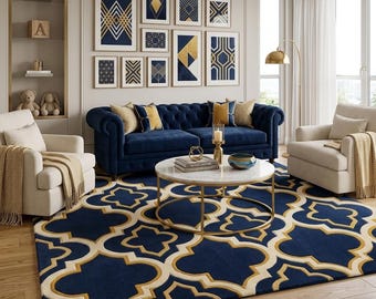 Alfombra geométrica moderna azul marino y dorada, alfombra grande marroquí con diseño de celosía para sala de estar, decoración estética de mediados de siglo, alfombra suave con mechones.