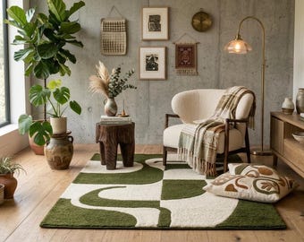 Organic Geometric Abstract Rug Moss Green & Cream Hand Tufted Wool Area Rug Modern Mid Century Wavy Carpet for Bedroom Nature Inspired Decor