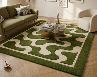 Alfombra moderna de mediados de siglo en color verde salvia con diseño ondulado, orgánica, abstracta, geométrica, tejida a mano en lana, ideal para sala de estar. Alfombra de decoración minimalista.