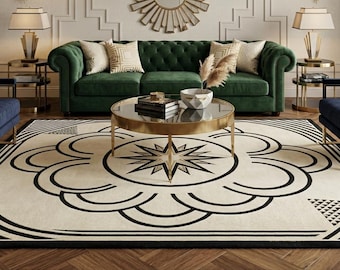 Alfombra Art Deco Starburst moderna color crema y negro con estampado geométrico floral. Alfombra grande de lujo de mediados de siglo para una decoración minimalista de líneas audaces en el suelo.
