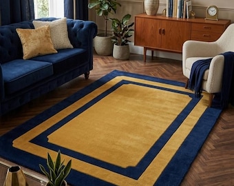Alfombra azul marino y dorado mostaza, alfombra geométrica moderna de mediados de siglo con borde, alfombra grande y mullida estilo art déco, decoración minimalista y llamativa para el hogar.