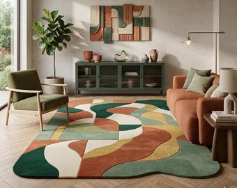 8x10 Abstract Geometric Area Rug Mid Century Modern 3D Tufted Rug in Moss Green Terracotta Irregular Shaped Wavy Carpet Retro Boho Decor Rug