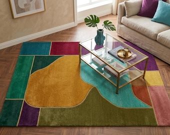 Large Abstract Geometric Area Rug Colorful Mid Century Modern Tufted Carpet Bold Aesthetic Floor Decor Teal Gold & Purple Living Room Rug