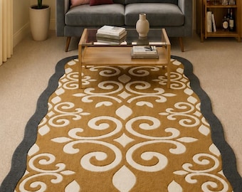 Hand-Tufted Scalloped Border Area Rug Ochre Yellow Cream Swirl Floral Pattern Modern Bohemian Carpet Decorative Curvy Edge Wool Rug for Home