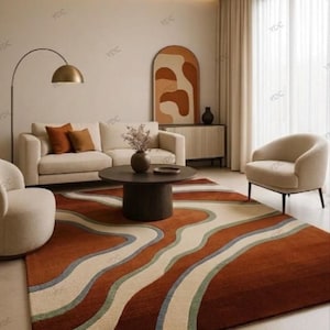 Mid-Century Modern Abstract Wavy Area Rug Burnt Orange Sage Retro Geometric Carpet Large Minimalist Decor Organic Fluid Art Plush Floor Mat
