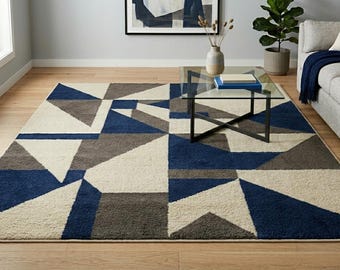 Alfombra geométrica abstracta moderna - Azul, gris y crema, estilo nórdico, ideal para sala de estar o dormitorio / Alfombra grande de lana tejida a mano, 8x10 9x12