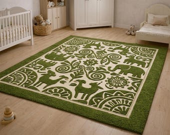 Alfombra infantil verde con estampado de animales, suave y mullida, ideal para zonas de juego infantiles, decoración de dormitorio con temática de safari - Alfombra rectangular grande con diseño de bosque.