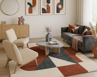 Alfombra geométrica moderna de mediados de siglo, alfombra abstracta Bauhaus en terracota, crema carbón, alfombra grande de estilo nórdico, decoración retro de los años 50