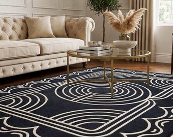 Alfombra Art Déco azul marino, alfombra geométrica grande con diseño de laberinto, alfombra moderna con borde festoneado, decoración de suelo de alto contraste con estética de mediados de siglo, 5x8, 8x10
