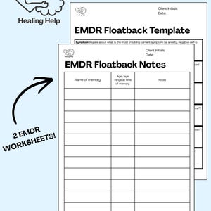 以下が含まれることがあります： 「EMDR Floatback Template」と「EMDR Floatback Notes」のテキストが入った2枚の白いEMDRワークシート。ワークシートには、クライアントのイニシャル、日付、メモのスペースが含まれています。画像には「Healing Help」の文字も含まれています。