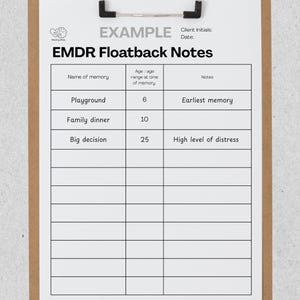 May include: A clipboard with a white paper featuring a table titled "EMDR Floatback Notes." The table includes columns for "Name of memory," "Age/age range at time of memory," and "Notes." The word "EXAMPLE" is at the top.