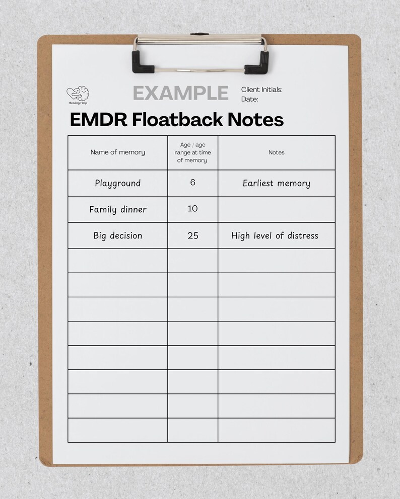 May include: A clipboard with a white paper featuring a table titled "EMDR Floatback Notes." The table includes columns for "Name of memory," "Age/age range at time of memory," and "Notes." The word "EXAMPLE" is at the top.