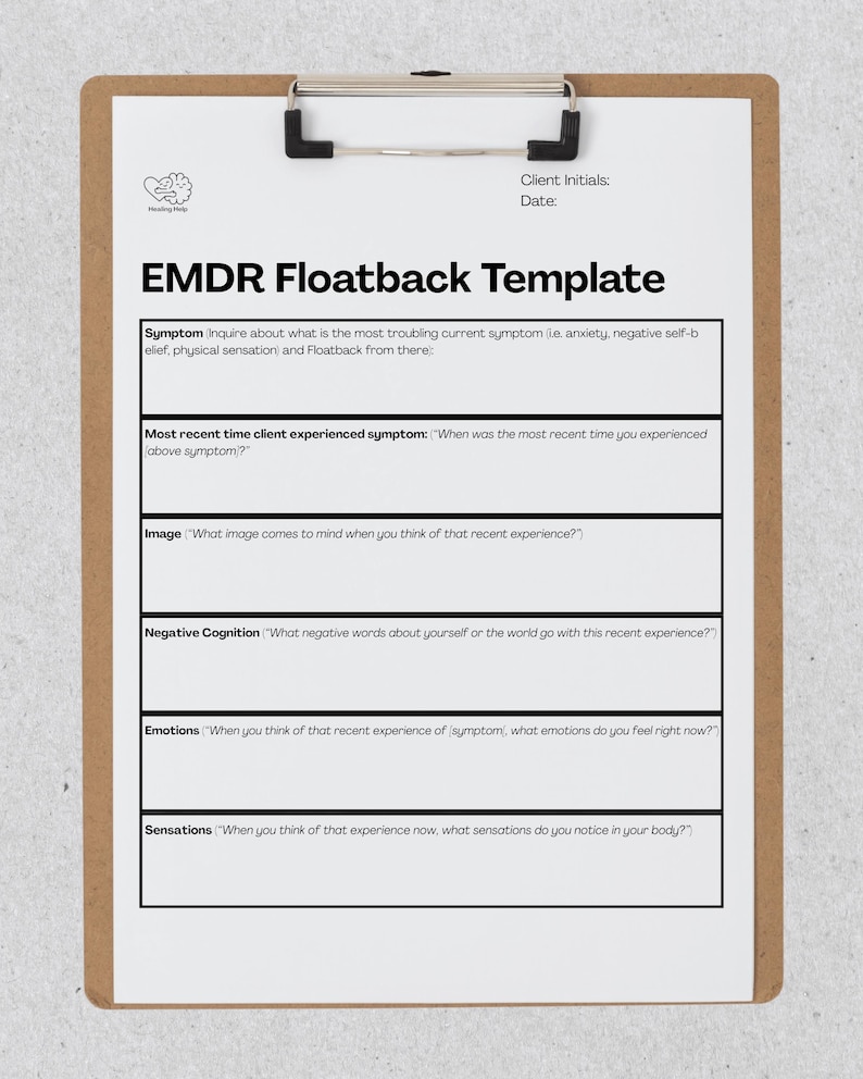 May include: A clipboard with a white paper titled "EMDR Floatback Template." The template includes sections for symptoms, recent experiences, images, negative cognitions, emotions, and sensations. The clipboard has a metal clip and a brown backing.