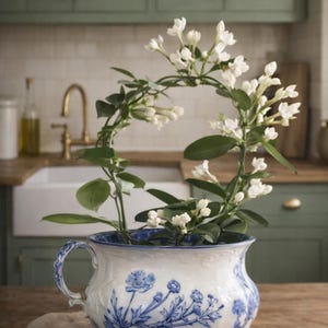 May include: A white and blue porcelain planter with a handle, filled with a flowering plant. The plant has green leaves and white flowers arranged in a circular shape. The planter sits on a wooden surface.