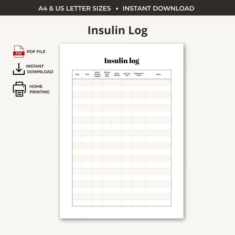 Insulin Log Printable | Blood Glucose Tracker | Diabetes Daily Log PDF ...