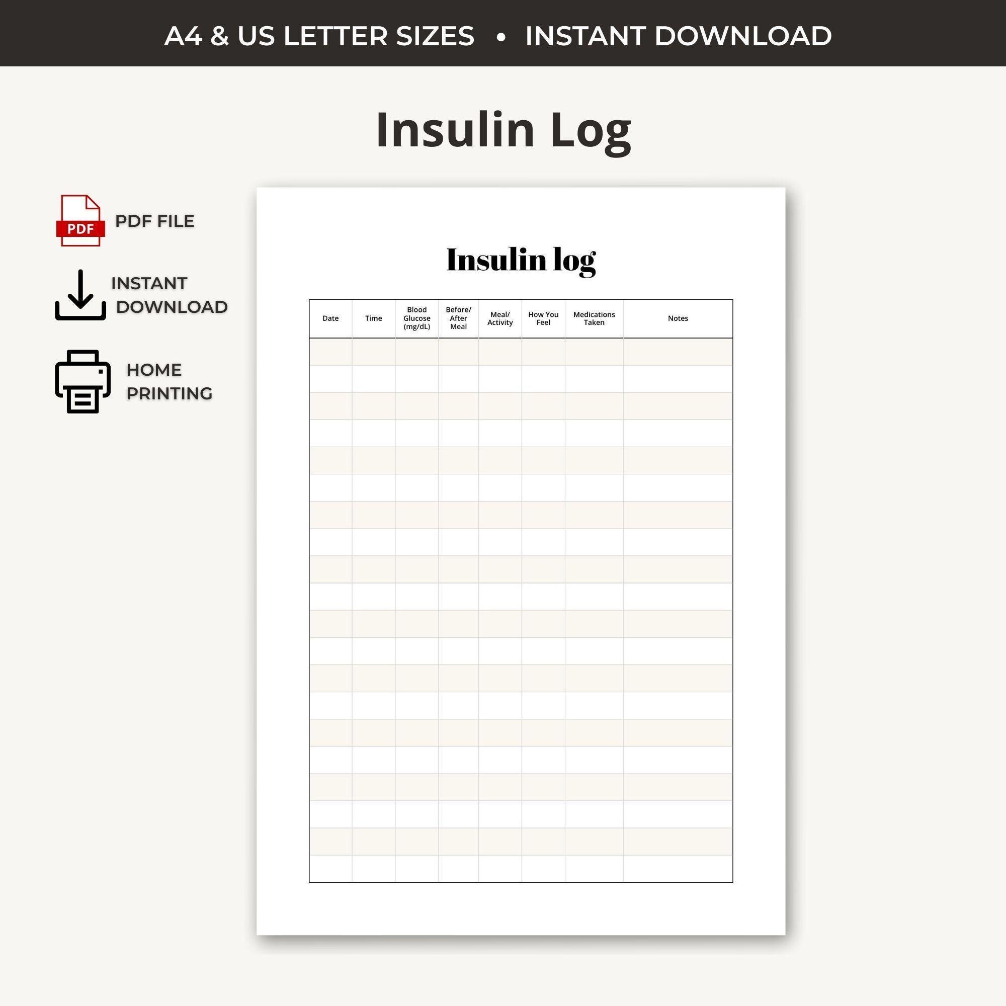 Insulin Log Printable | Blood Glucose Tracker | Diabetes Daily Log PDF ...