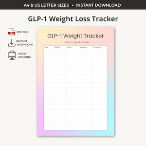 Puede incluir: Un rastreador imprimible de pérdida de peso GLP-1 con un borde degradado. El documento incluye secciones para la fecha, el peso, la dosis, el apetito y los síntomas. El texto en la parte superior dice "A4 & US LETTER SIZES • INSTANT DOWNLOAD".