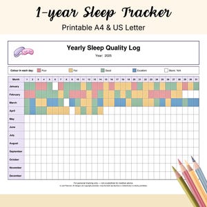 Printable Yearly Sleep Log | 365-Day Colour-Coded Sleep Quality Tracker | Annual Sleep Planner | PDF | US Letter + A4