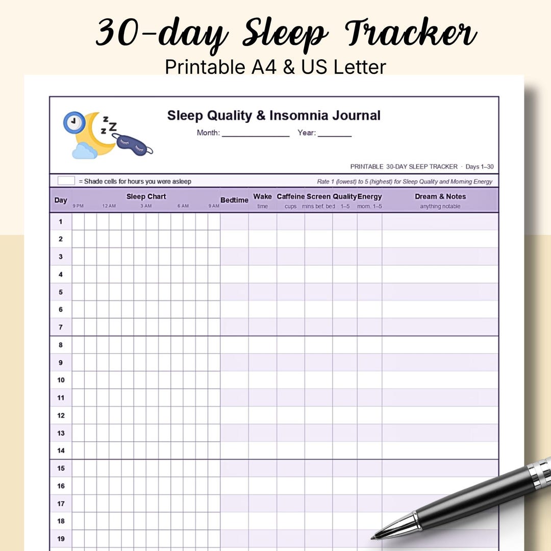 Printable Sleep Chart | 30-day Sleep Quality & Insomnia Log | Bedtime ...