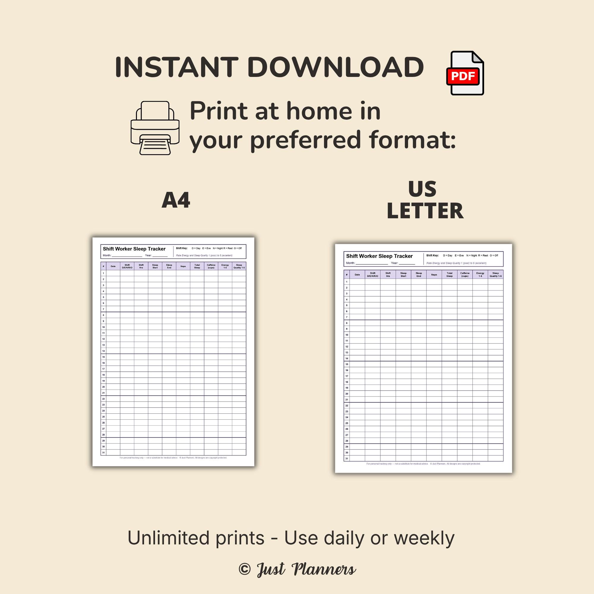 Shift Worker Sleep Tracker Printable | Night Shift Sleep Log | Sleep ...