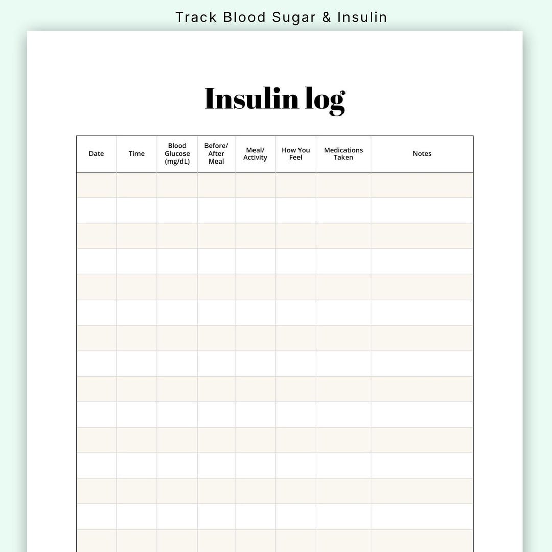 Insulin Log Printable | Blood Glucose Tracker | Diabetes Daily Log PDF ...