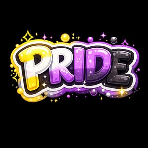 Può includere: Una grafica colorata con la parola "PRIDE" in lettere a bolla. Le lettere sono gialle, bianche, viola e nere, con accenti scintillanti su sfondo nero. Il design celebra l'orgoglio LGBTQ+.